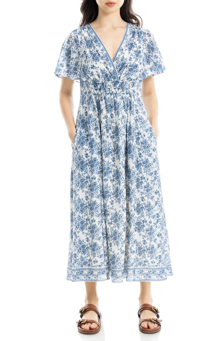 MAX STUDIO Floral Flutter Sleeve Maxi Dress, Main, color, Cream/ Denim Rosette