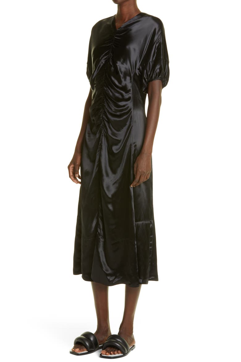 Puff Sleeve Ruched Satin Midi Dress, Alternate, color, BLACK