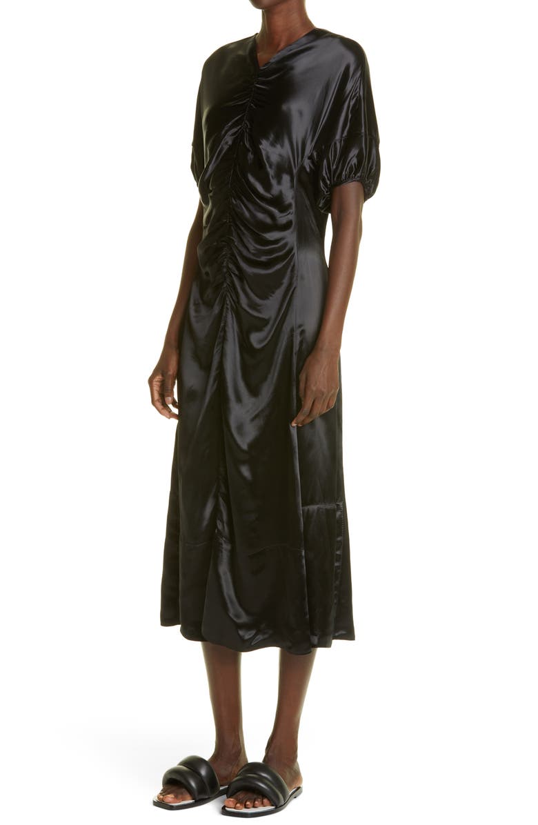 Proenza Schouler Puff Sleeve Ruched Satin Midi Dress, Alternate, color,
