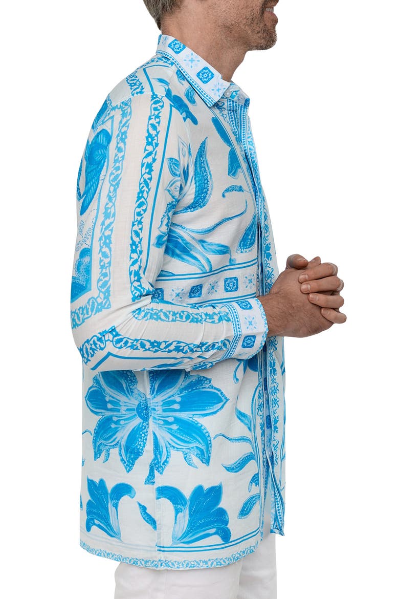 Extra Trim Fit Print Linen & Cotton Button-Up Resort Shirt, Alternate, color, BLUE