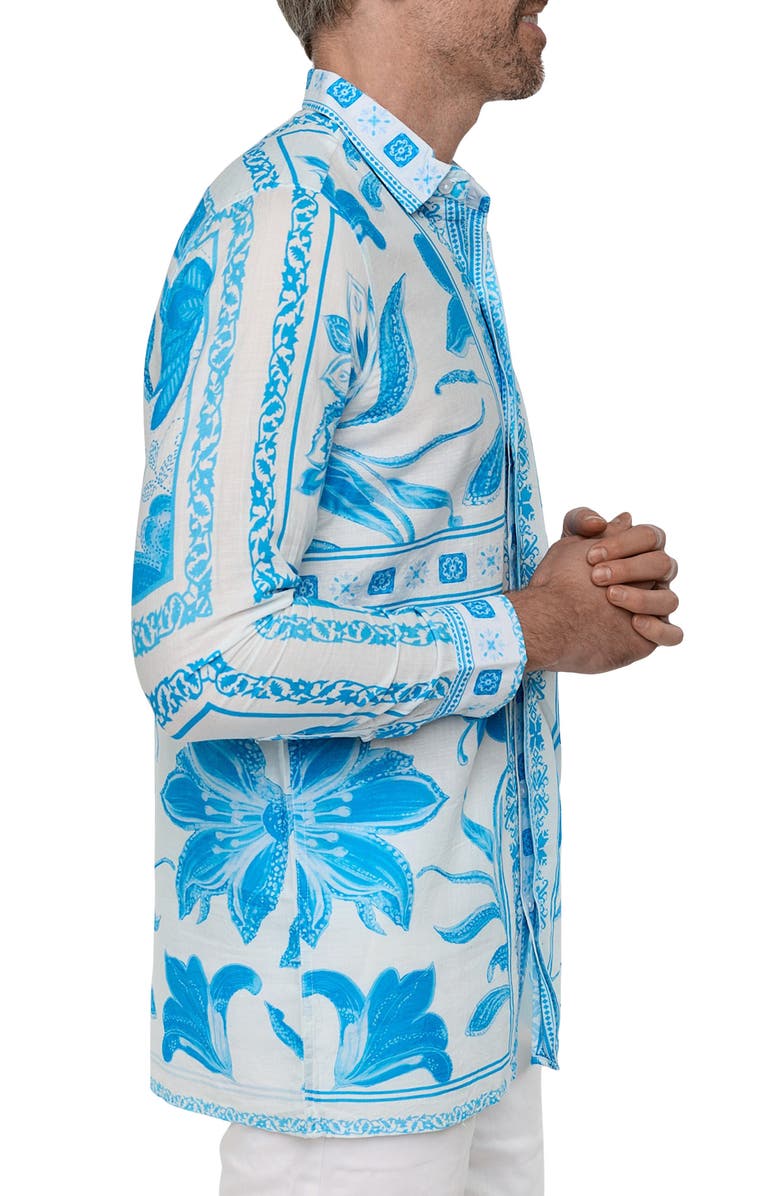 RANEES Extra Trim Fit Print Linen & Cotton Button-Up Resort Shirt, Alternate, color, Blue