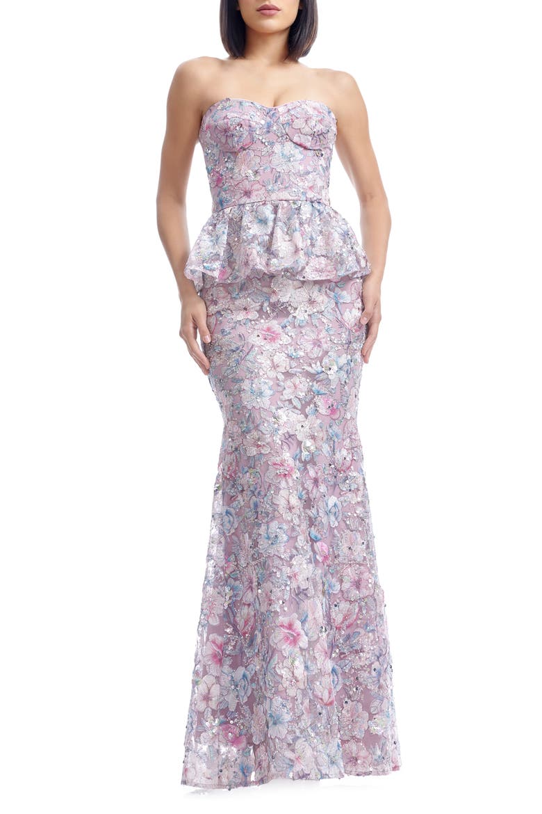 Scarlett Sequin Floral Embroidered Peplum Mermaid Gown, Main, color, DUSTY LAVENDER