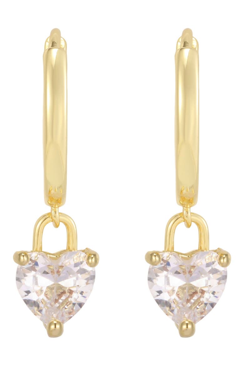Cubic Zirconia Heart Dangle Huggie Hoop Earrings, Alternate, color, GOLD