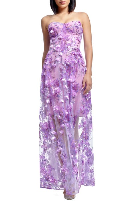 Melissa Sequin Floral Appliqué Strapless Gown