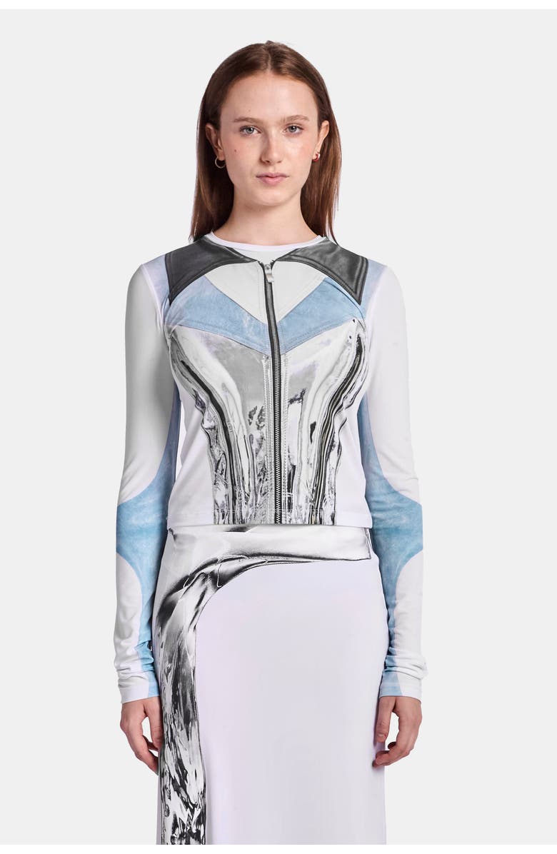 KATE BARTON Moto Jacket Illusion Print Long Sleeve Top, Main, color, White