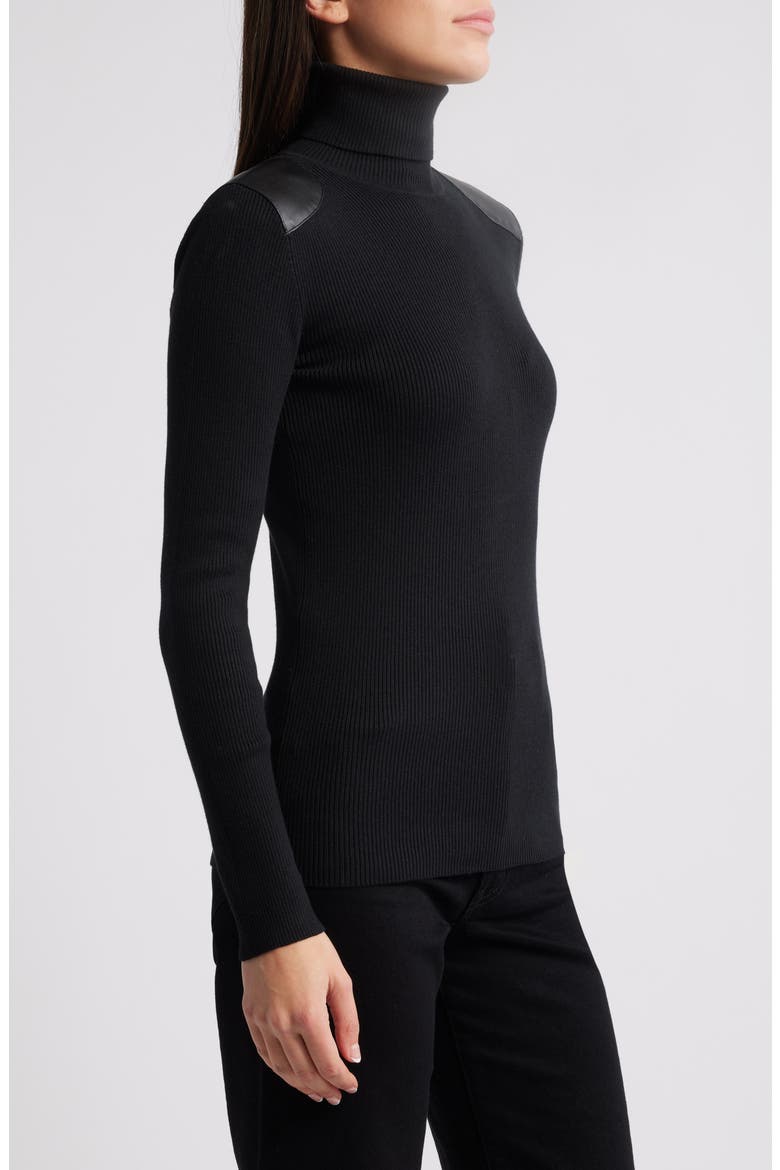 Embellished Rib Cotton Blend Turtleneck Top, Alternate, color, BLACK