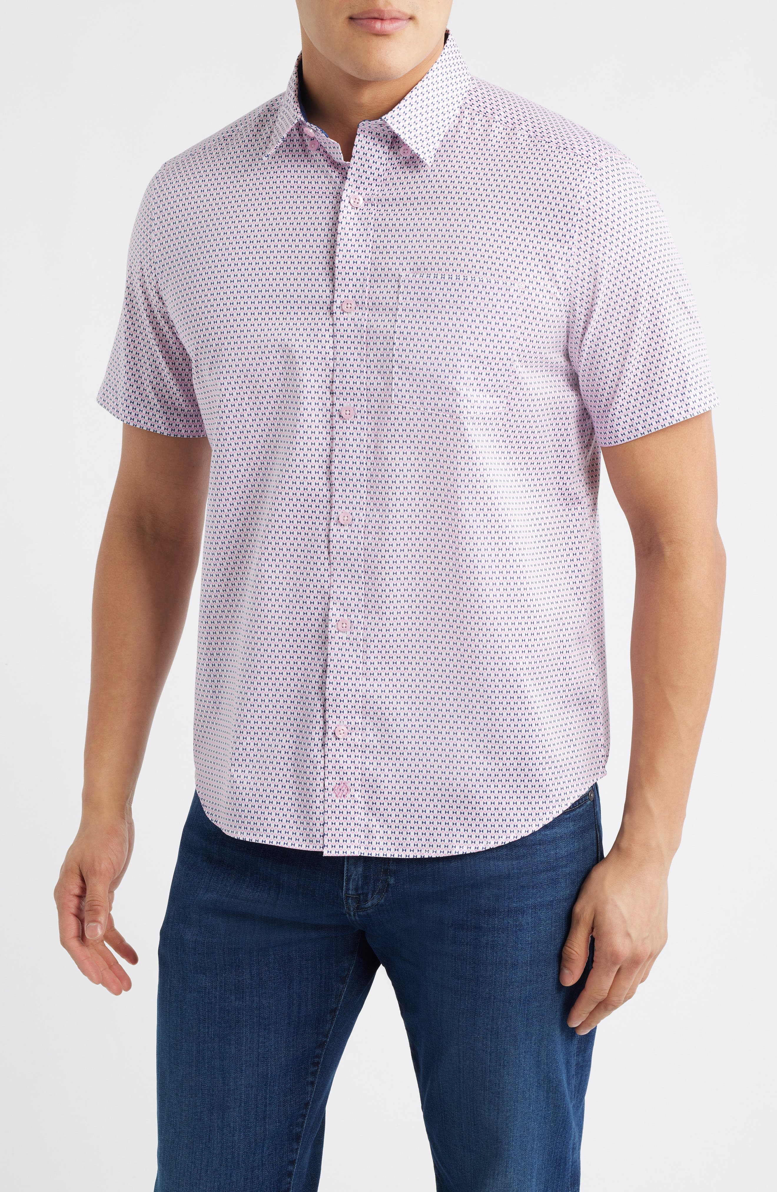 Logan Microprint Short Sleeve Cotton Blend Button-Up Shirt