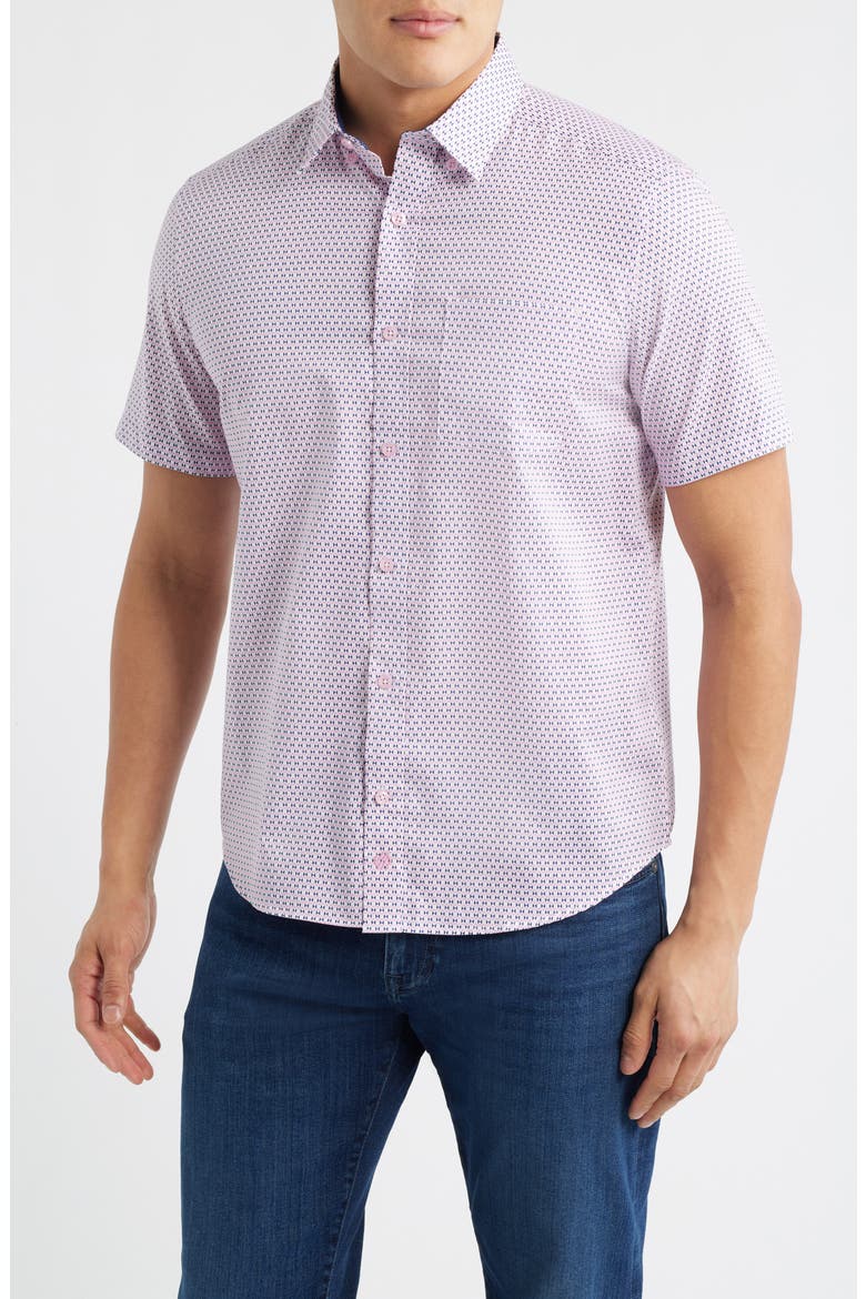 Logan Microprint Short Sleeve Cotton Blend Button-Up Shirt, Main, color, PINK / NAVY BOWTIE