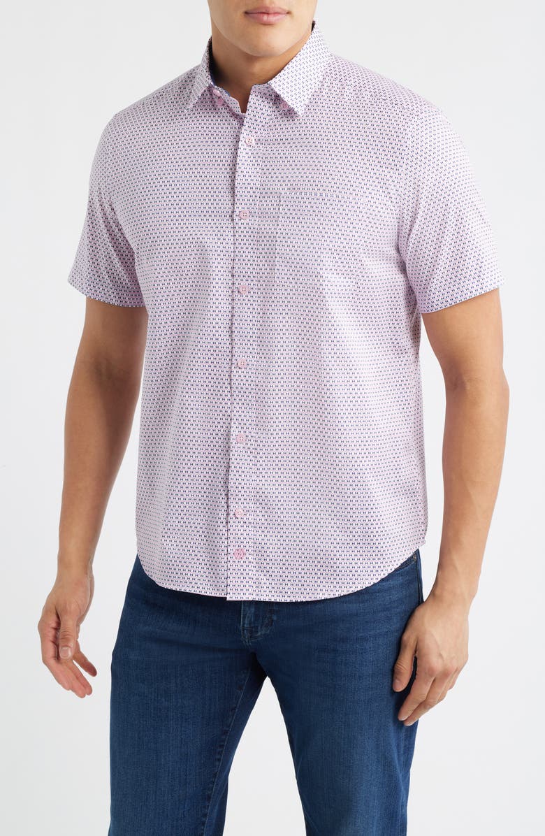 Johnston & Murphy Logan Microprint Short Sleeve Cotton Blend Button-Up Shirt, Main, color, Pink / Navy Bowtie