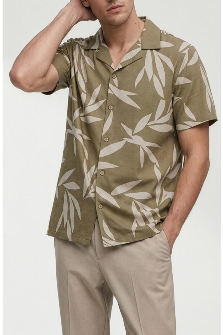 Corey Leaf Print Camp Shirt, Alternate, color, SAND