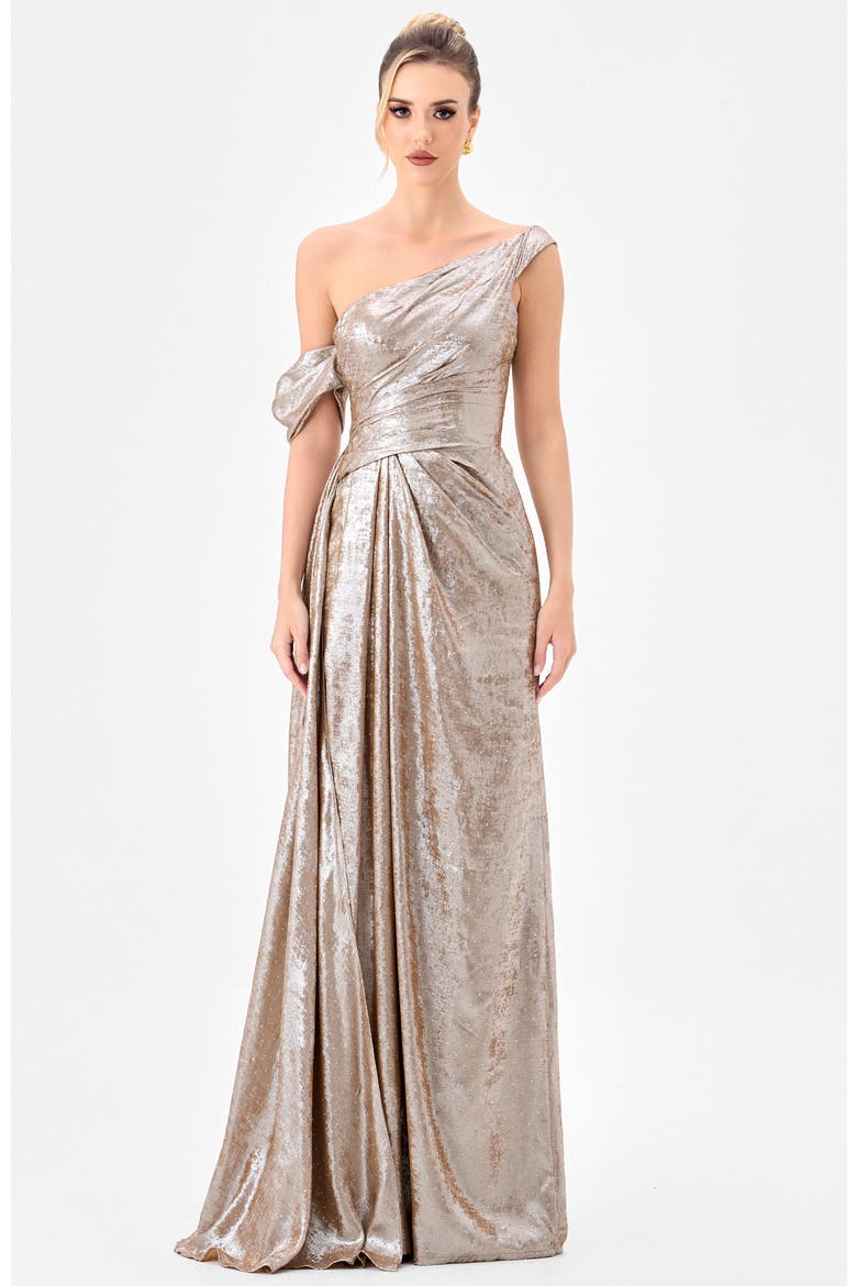 Ginnie Draped Sash Gown, Main, color, SILVER