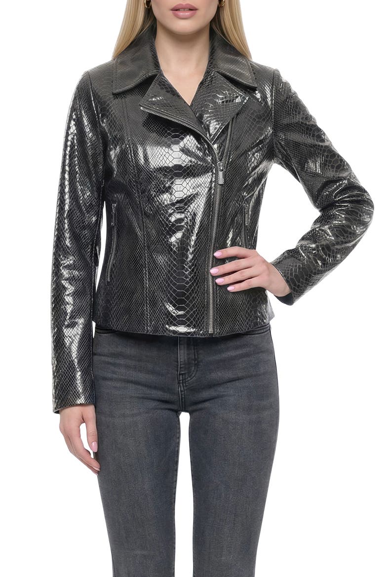 Genuine Metis Suede Pythn Printed Moto Zip Jacket, Alternate, color, ANTHRACITE