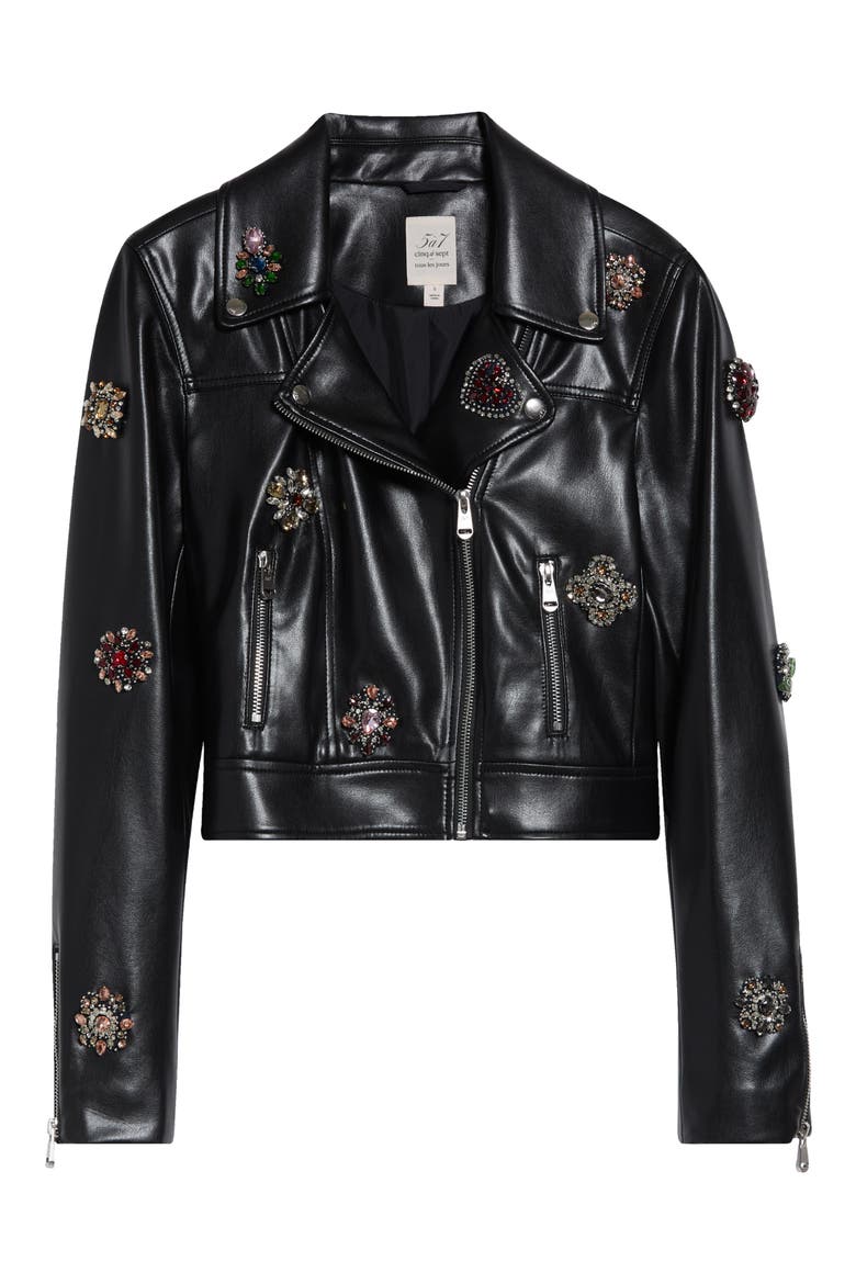 Genevieve Baroque Patches Faux Leather Moto Jacket, Alternate, color, BLACK MULTI