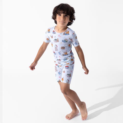 Bellabu Bear Vintage Suitcases Kids 2-piece Short Sleeve & Shorts Pajama Set In Blue