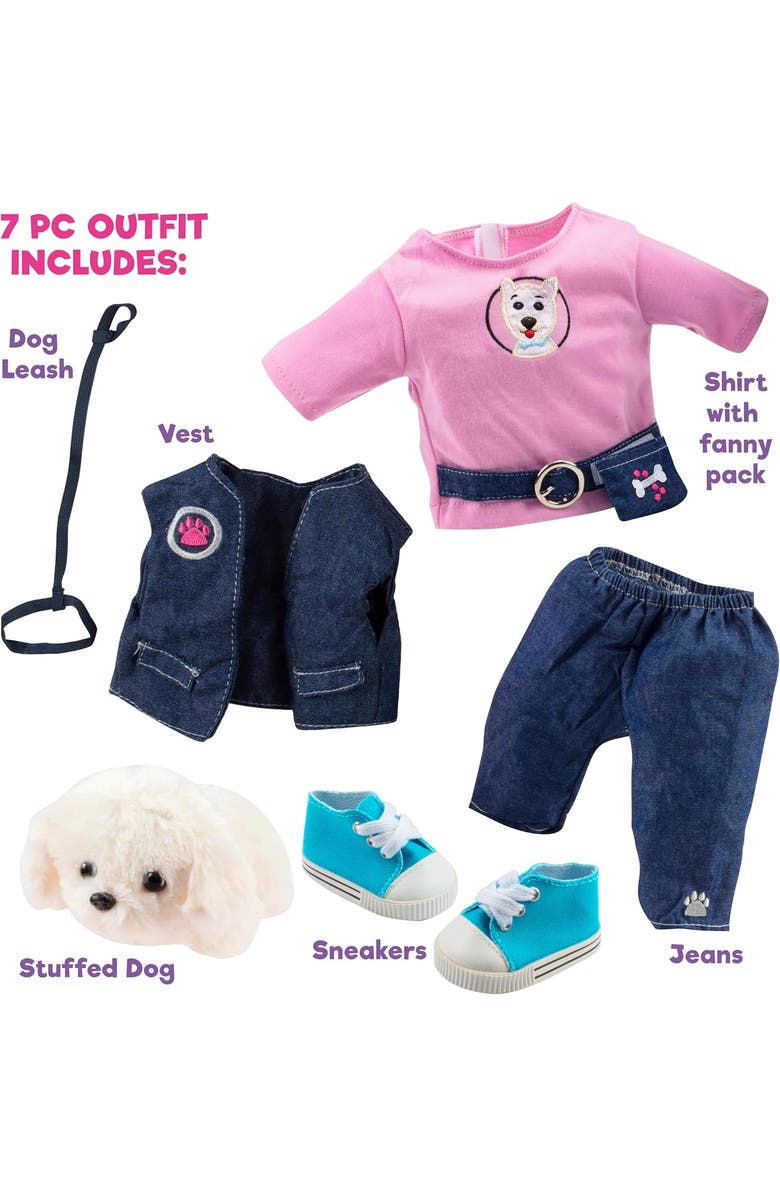 Dress Along Dolly 7pc Dog Walker Outfit w Pet Puppy- 18" Doll Clothes & Accessories Compatible w American Girl Dolls, Alternate, color, Blue