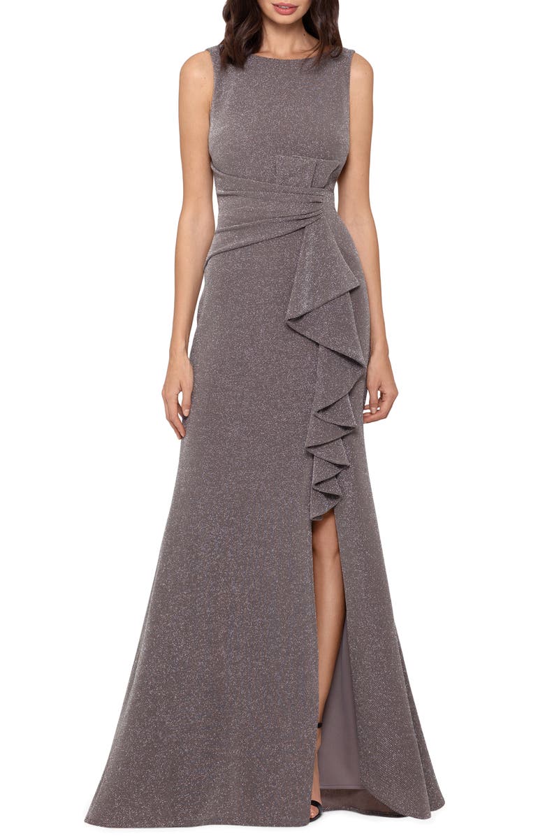 Betsy & Adam Ruffle Front Metallic Knit Gown, Main, color, 