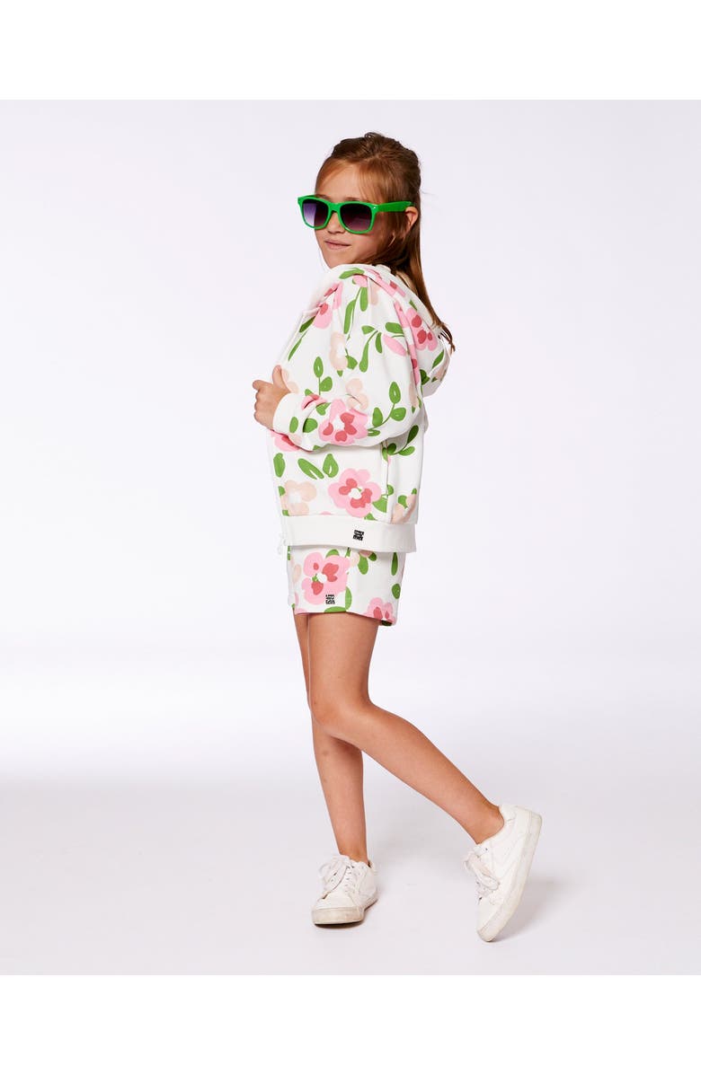 Deux par Deux Girl's Printed French Terry Hoodie Cardigan Pink Flowers On White Background, Alternate, color,