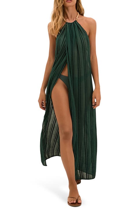 Cloe Stripe Halter Semisheer Cover-Up Dress