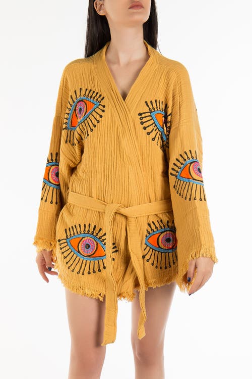 Forever & Always Shoes Sereia Evil Eye Handmade Cotton Short Kimono In Mustard Yellow