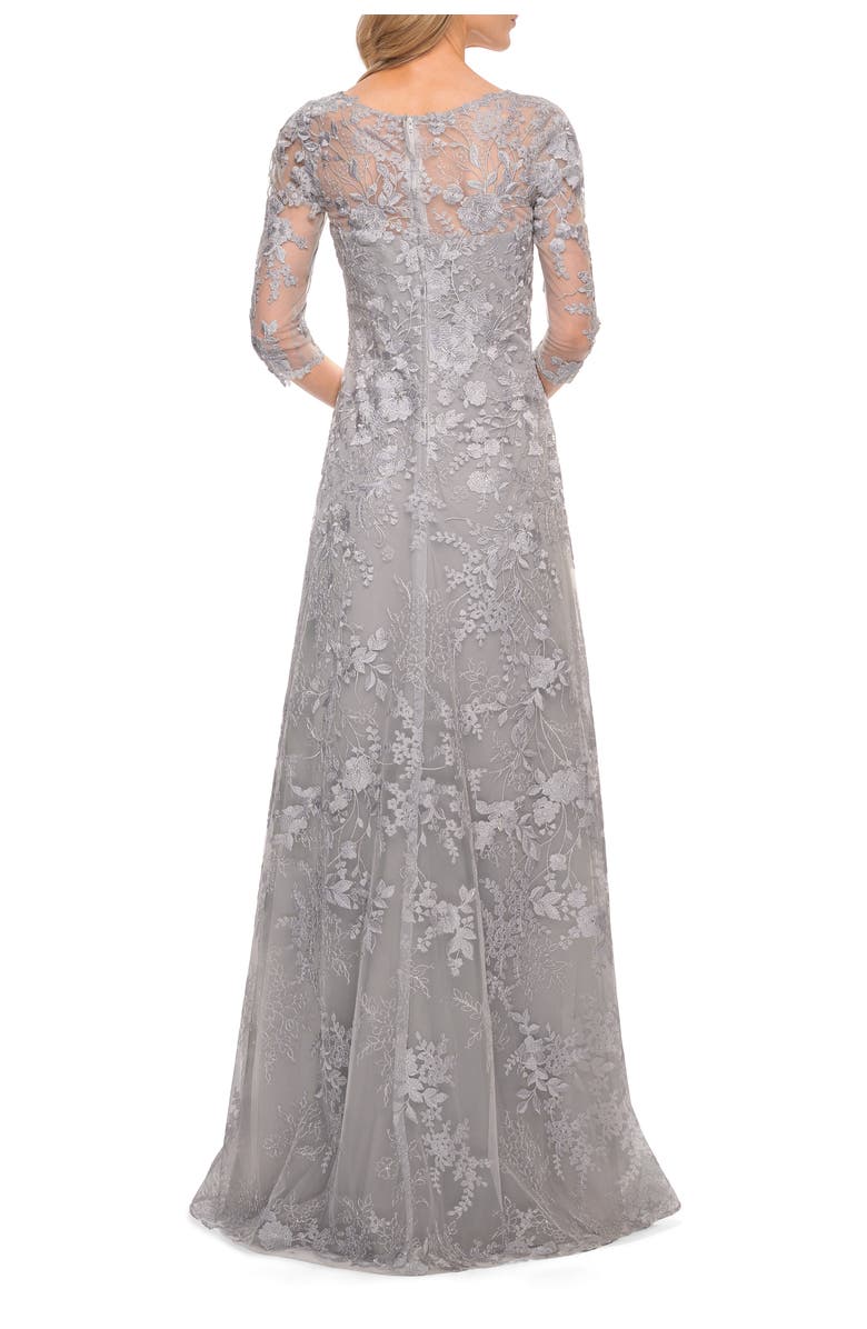La Femme Long Lace Evening Dress with V Neckline and Sleeves, Alternate, color, Silver