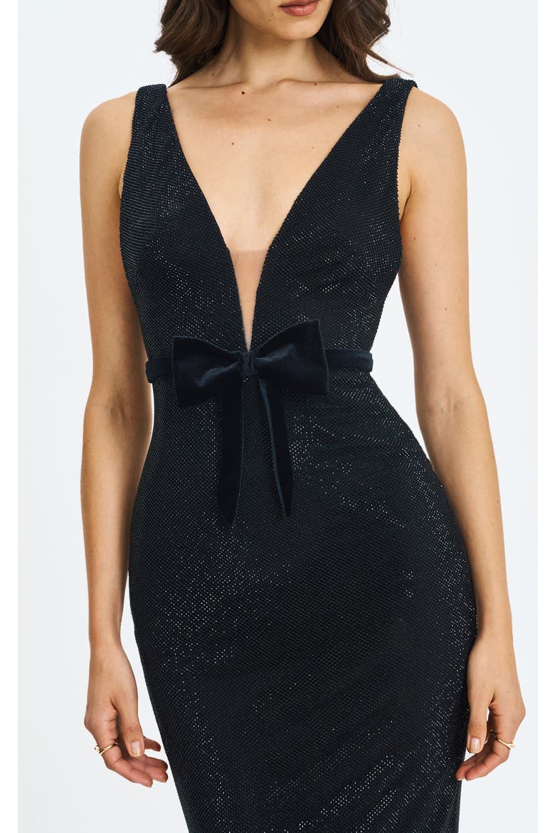 Olympia Belted Bow Plunging Rhinestone Maxi Dress, Alternate, color, Black