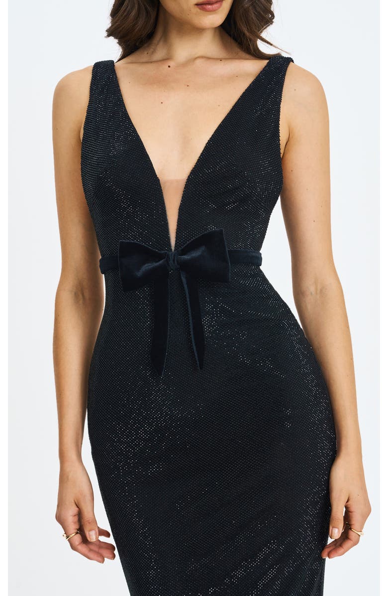 Miss Circle Olympia Belted Bow Plunging Rhinestone Maxi Dress, Alternate, color, Black