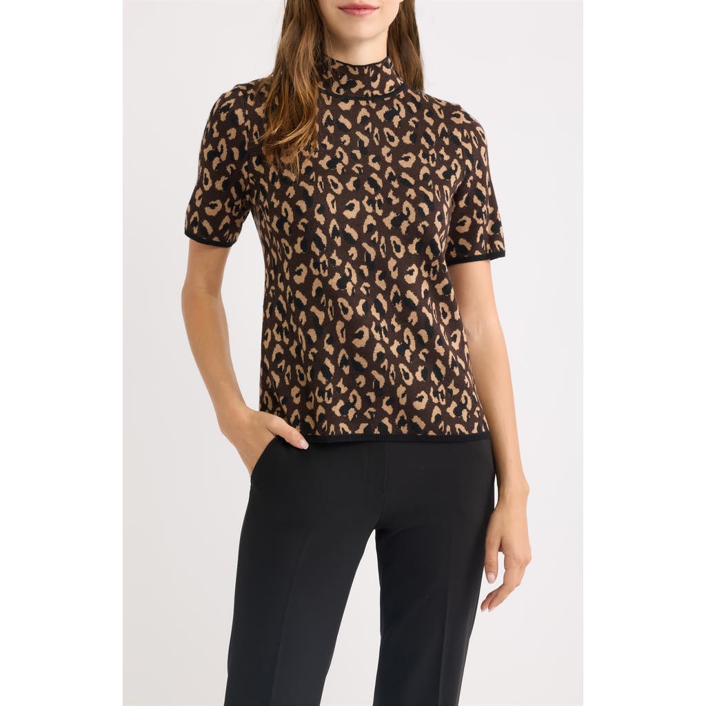 Anne Klein Animal Jacquard Short Sleeve Sweater In Brown