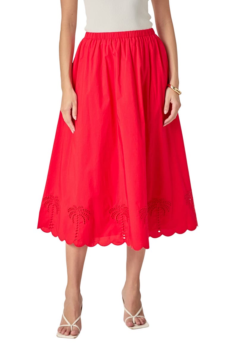Embroidered High Waist Midi Skirt, Main, color, RED