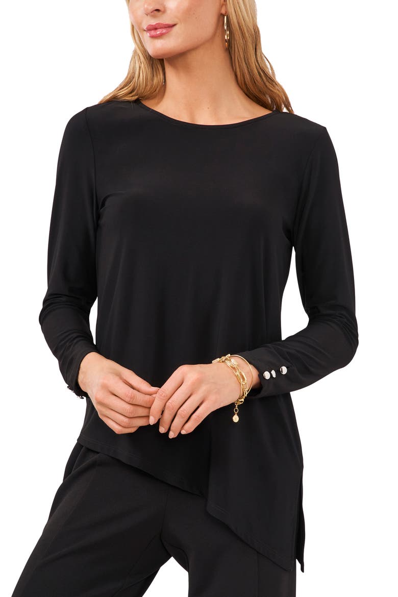 Button Sleeve Asymmetrical Top, Main, color, RICH BLACK
