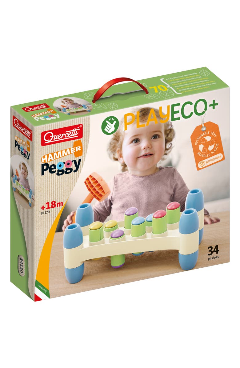 Quercetti Playeco+ Hammer Peggy Peg Pounding Toy, Interactive Colorful Board, Main, color, Multicolored