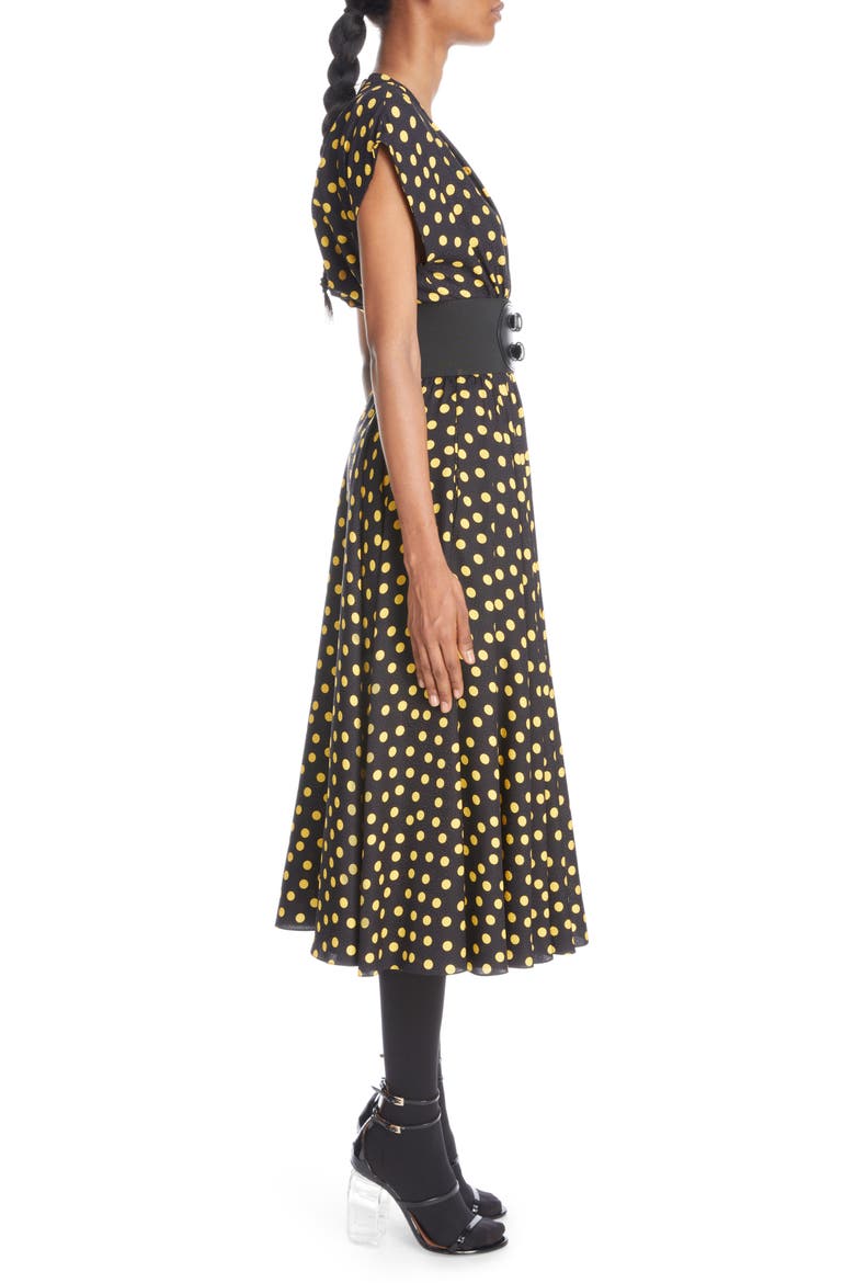 Belted Polka Dot Silk Crepe Midi Dress, Alternate, color, NUIT/ JAUNE