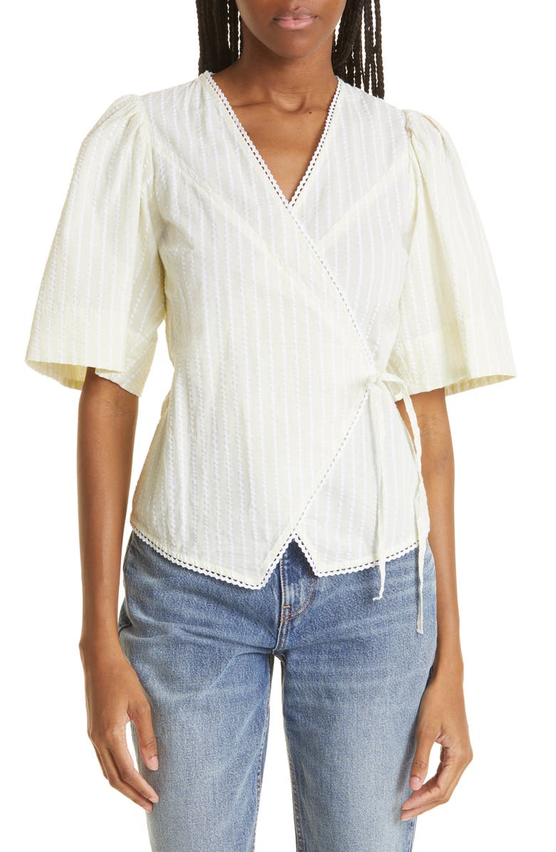 Ganni Seersucker Stripe Organic Cotton Wrap Top, Main, color, 
