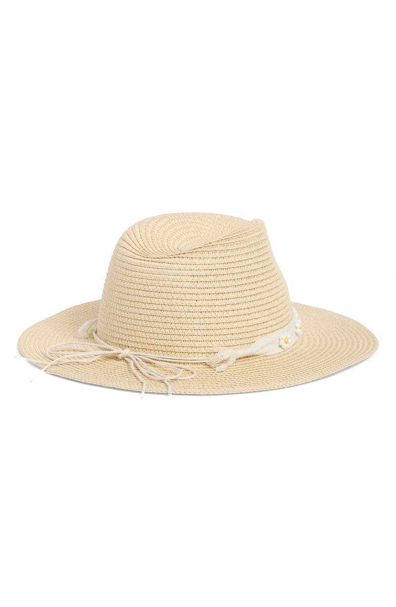 Steve Madden Flower Beaded Straw Fedora, Alternate, color, Natural