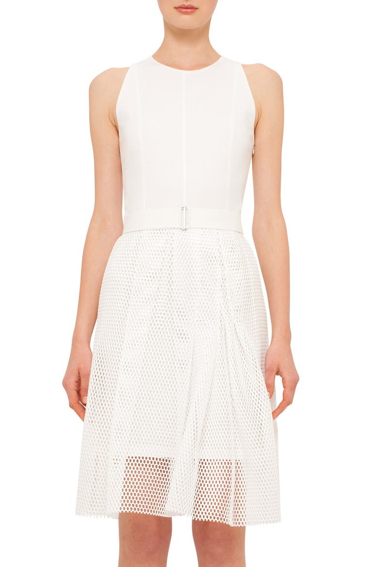 Mesh Overlay Keyhole Back Sheath Dress, Main, color, CREME