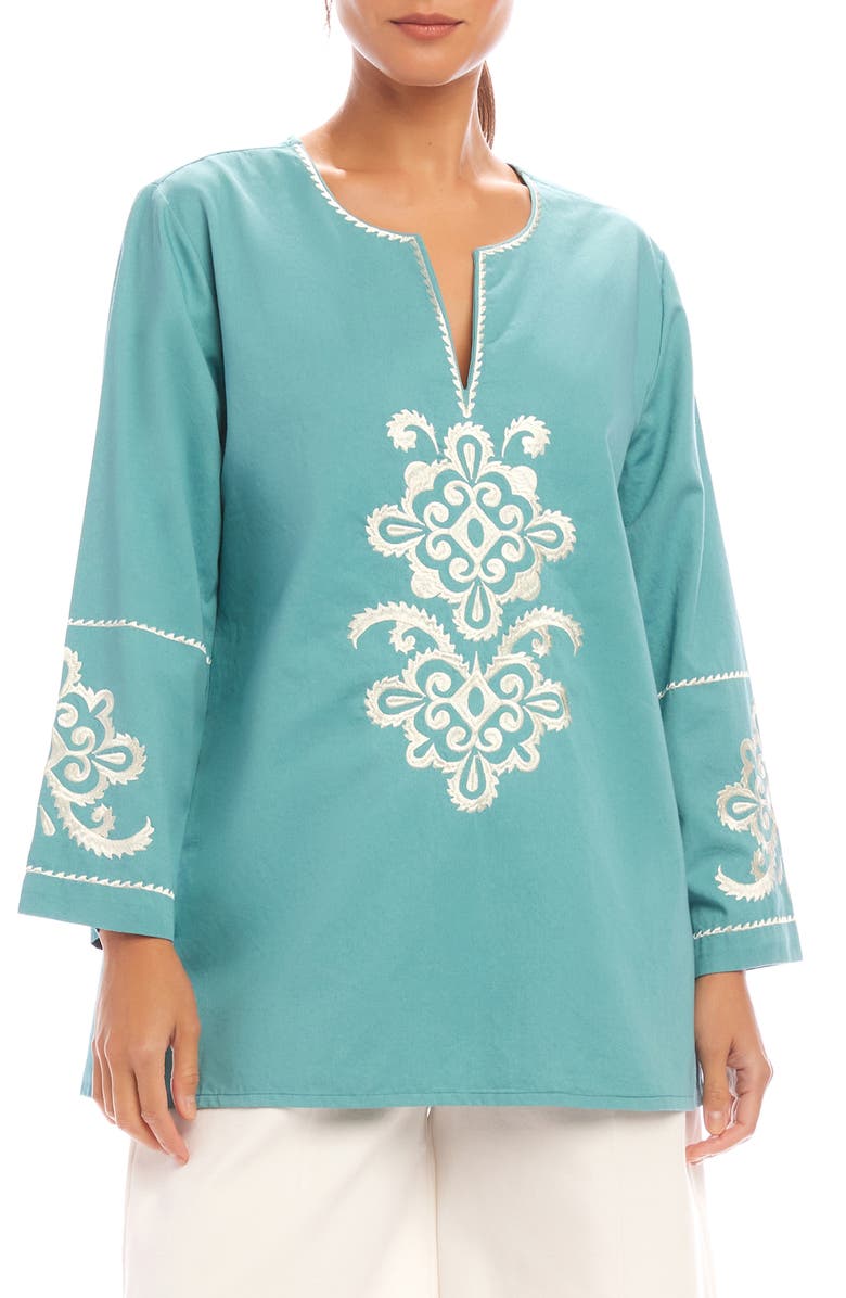 Karen Kane Embroidered Cotton Button-Up Shirt, Main, color, Cream-Green