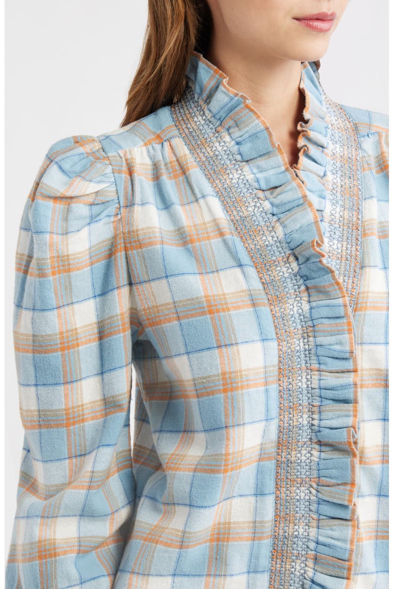 Zuri Ruffle Trim Cotton Button-Up Top, Alternate, color, WINDCHIME PLAID