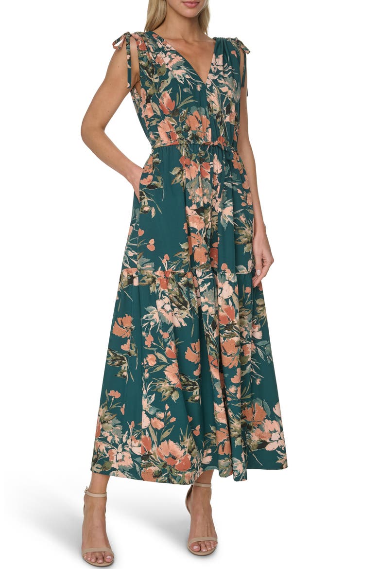 Floral Print Tie Strap Maxi Dress, Main, color, MALACHITE MULTI