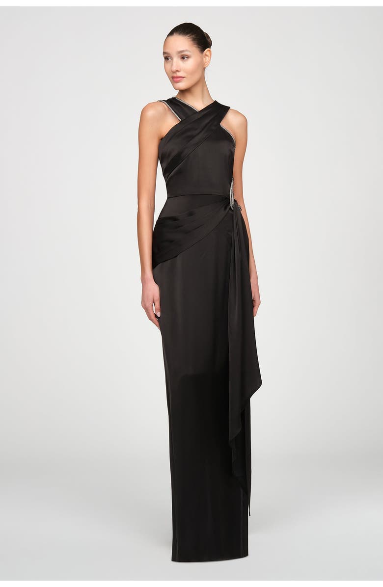 Theia Cressida Halter Column Satin Gown, Main, color, Black