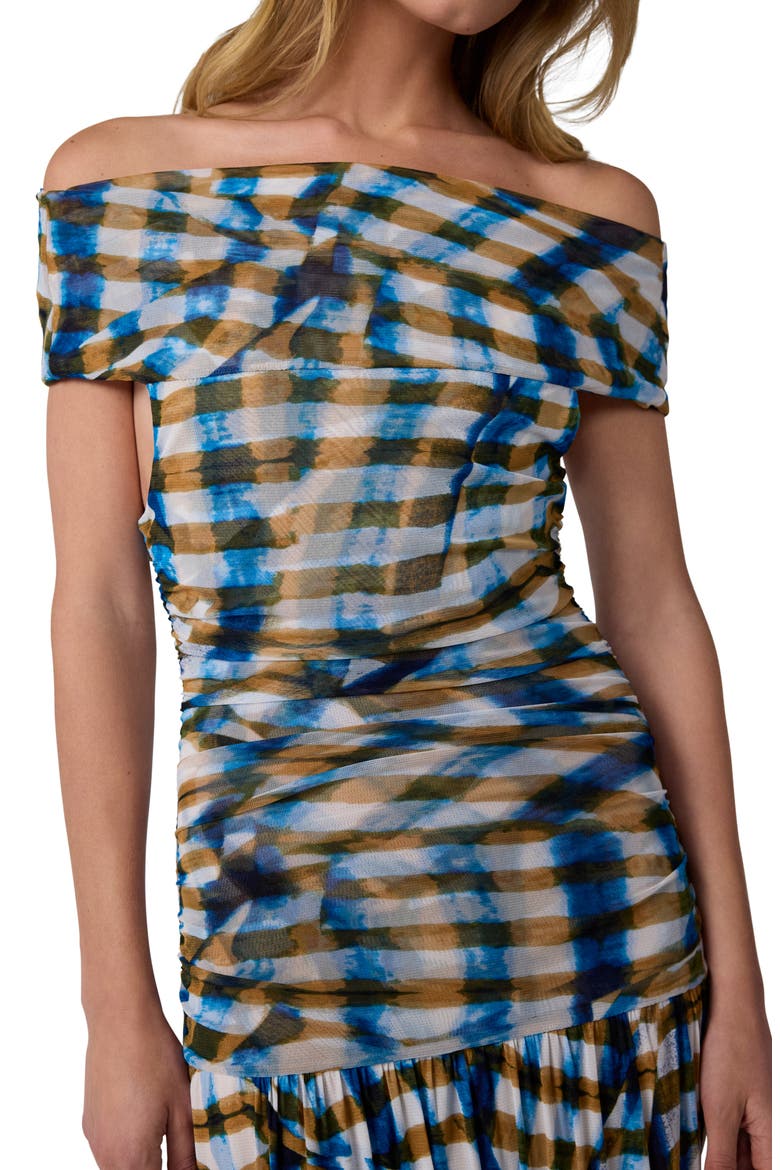 Cynthia Plaid Off the Shoulder Drop Waist Dress, Alternate, color, PICNIC PLAID CORFU