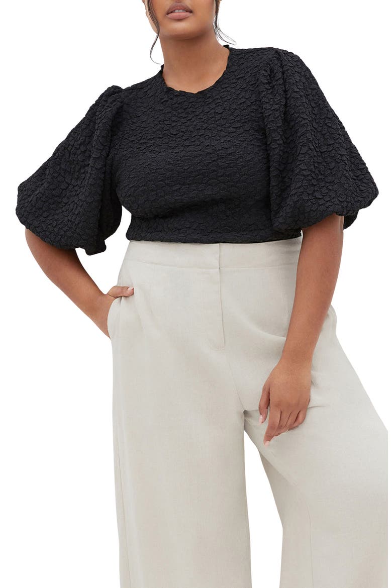 Chrissie Balloon Sleeve Textured Top, Main, color, BLACK