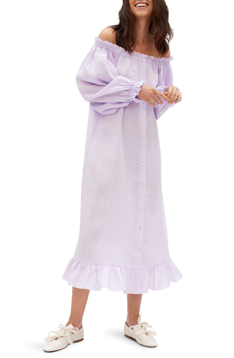 Sleeper Loungewear Long Sleeve Linen Midi Dress, Main, color, 