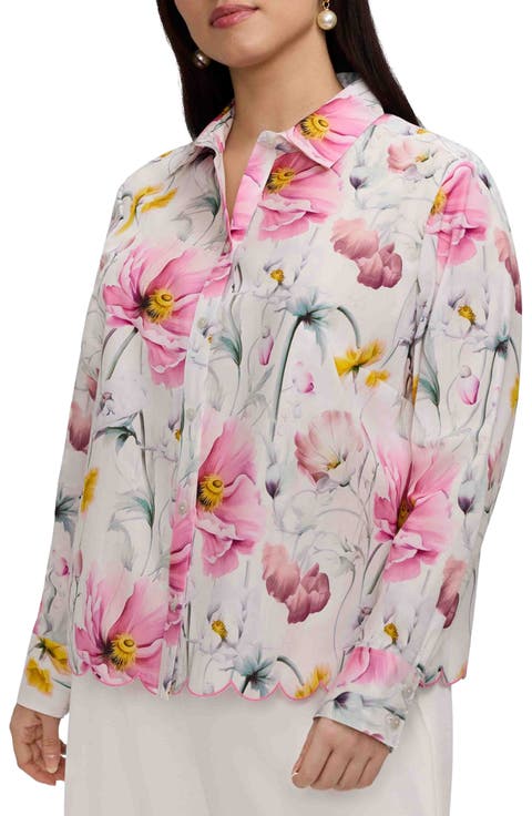 Floral Scallop Hem Cotton Button-Up Shirt (Plus)