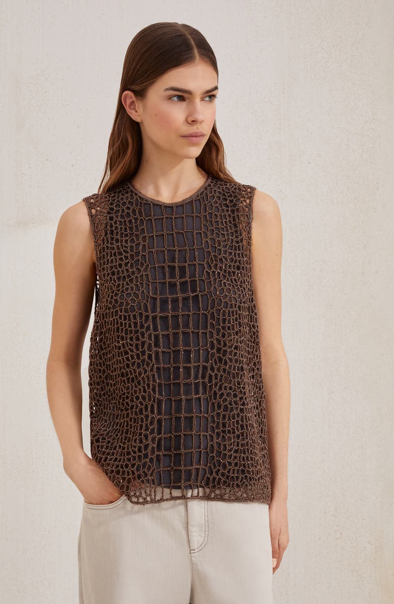 Brunello Cucinelli Precious croc embroidery top, Alternate, color, Brown