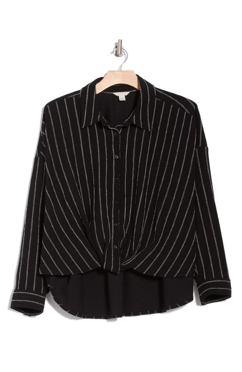 Caslon<sup>®</sup> Texture Front Twist Button-Up Shirt, Alternate, color, Black- Ivory Rita Stripe