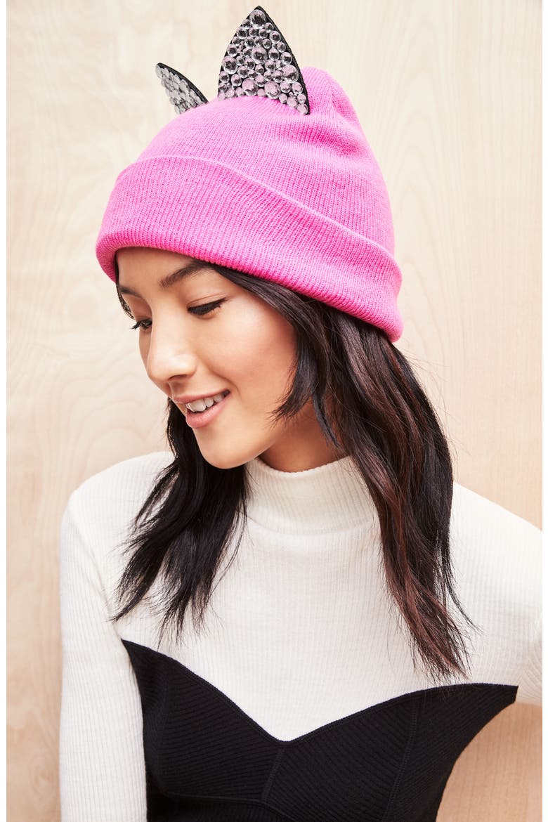 Jeweled Cat Ear Beanie, Alternate, color, HOT PINK