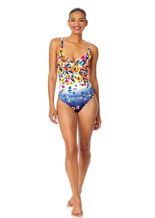 ANNE COLE GRADIENT FLORAL UNDERWIRE SURPLICE ONE PIECE SWIMSUIT