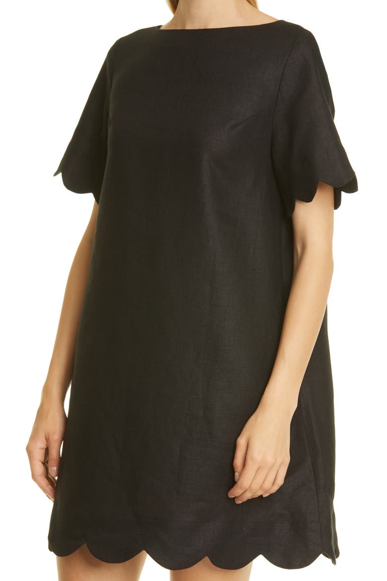 Scallop Button Linen T-Shirt Dress, Alternate, color, BLACK