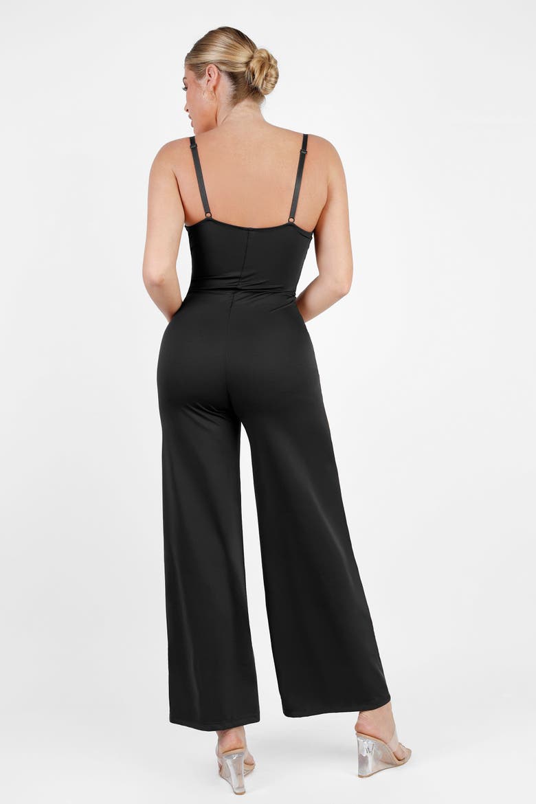 Shapewear Lace Deep V-Neck Sculpting Wide Leg Jumpsuit, Alternate, color, Midnight Black