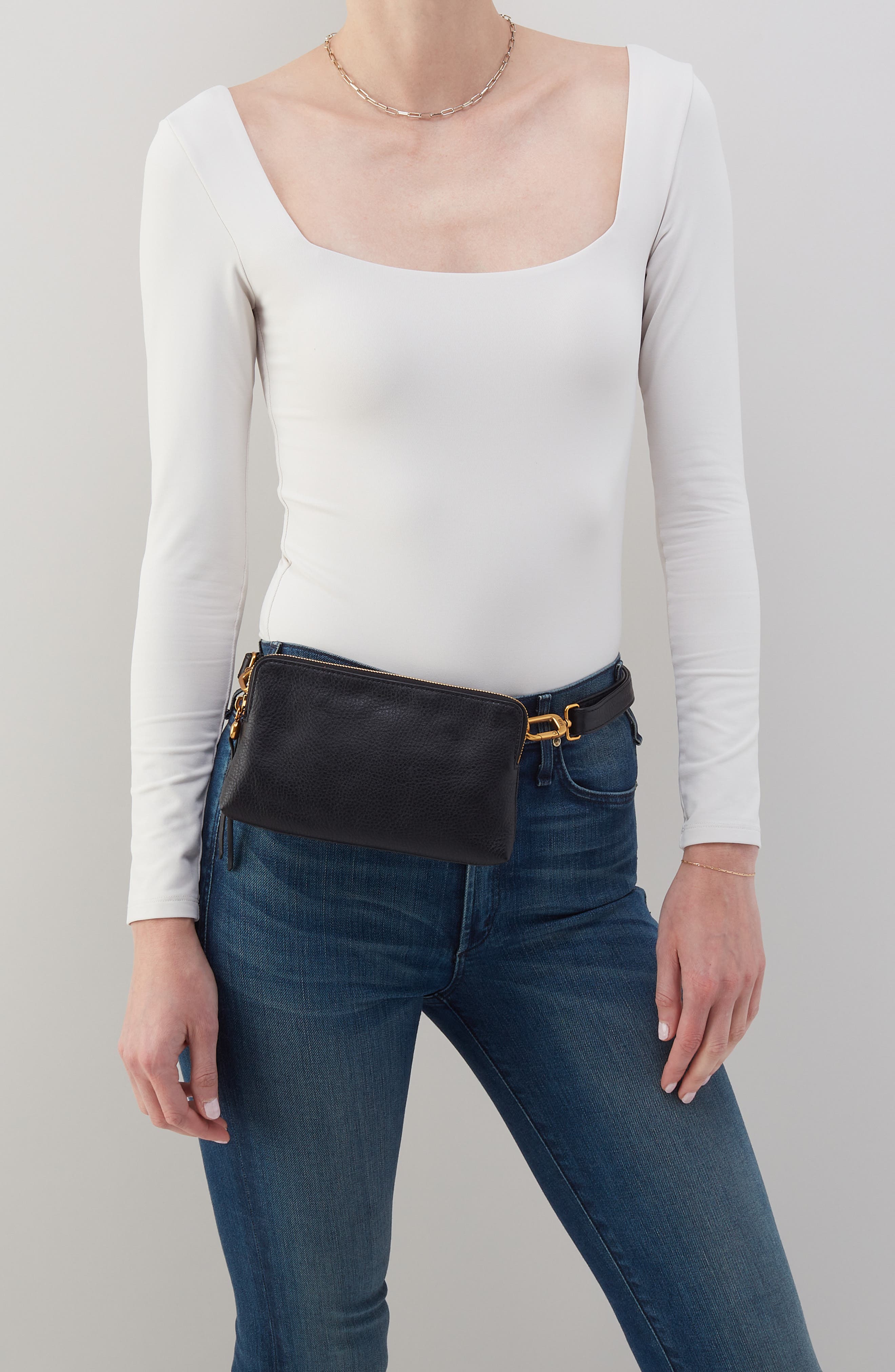 HOBO Slim Fern Leather Belt Bag, Alternate, color, Black