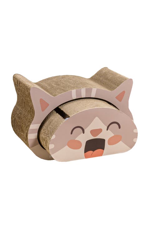 Opal Modern Cardboard Happy Cat Head 2-in-1 Cat Cave Scratcher with Built-In Bell Toys and Catnip